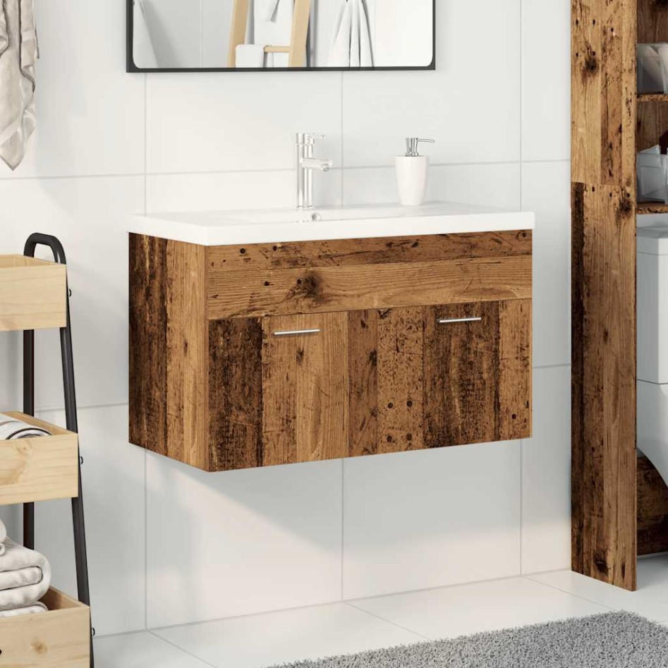 Mueble lavabo con lavabo integrado y grifo madera
