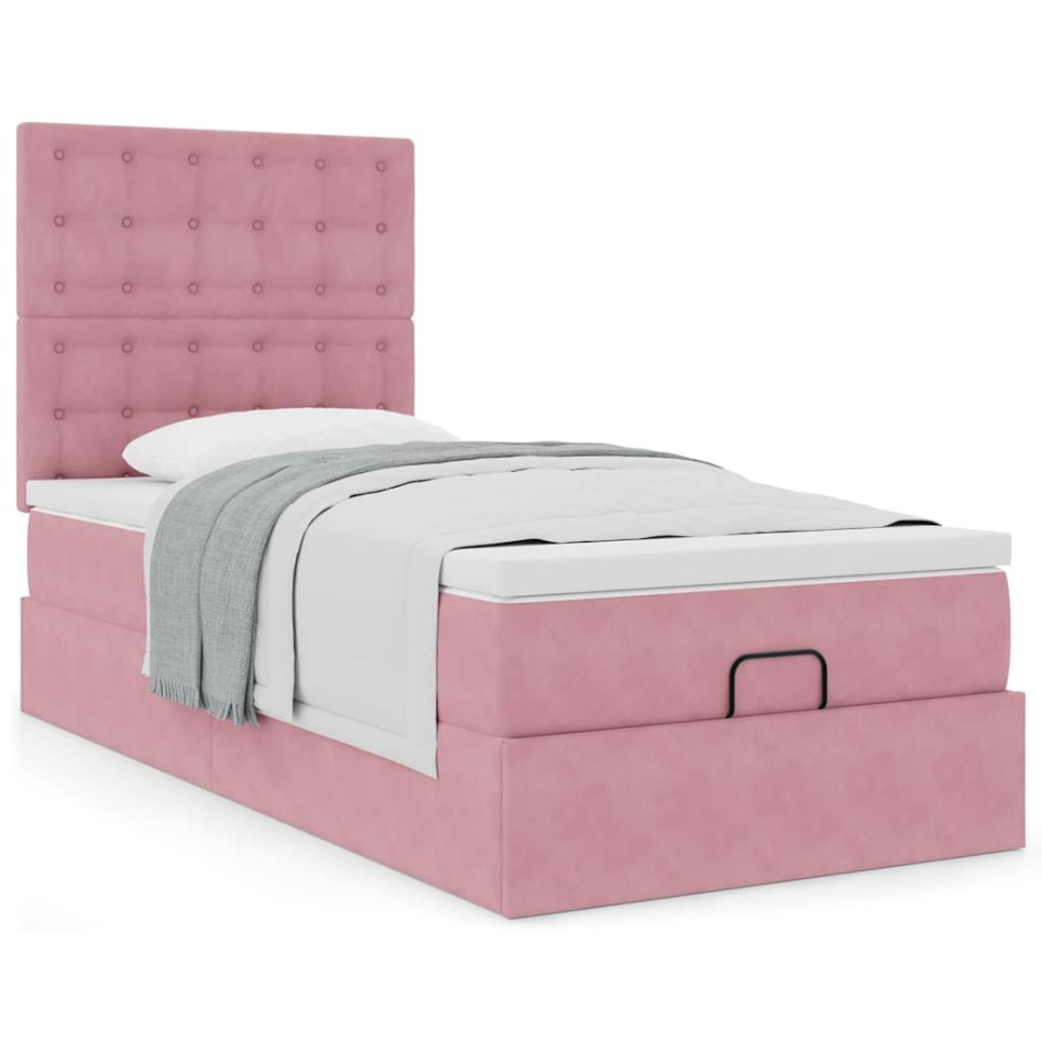 Estructura cama otomana con colchones terciopelo rosa