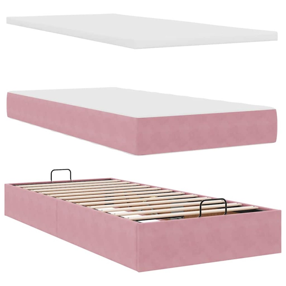 Estructura cama otomana con colchones terciopelo rosa