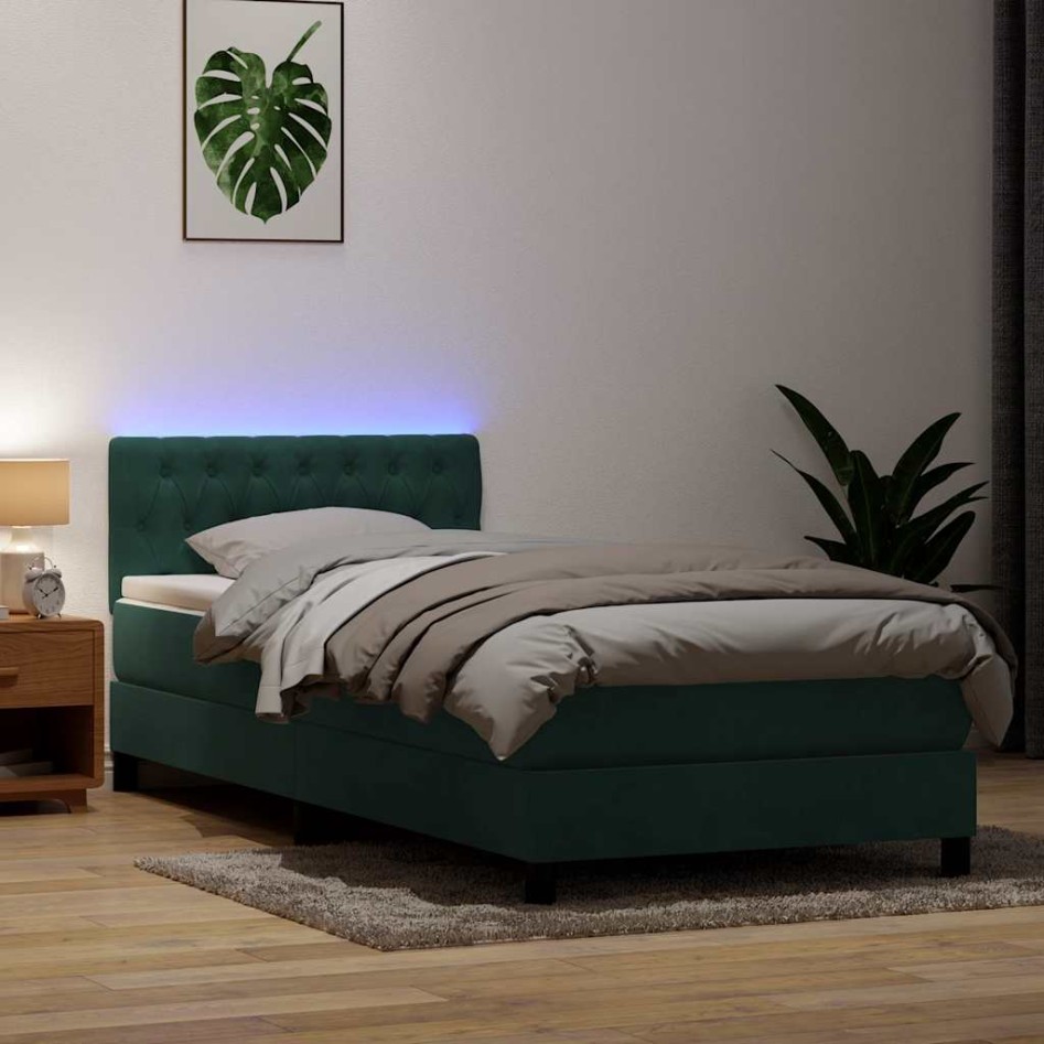 Cama box spring con colchón terciopelo verde oscuro 90x220