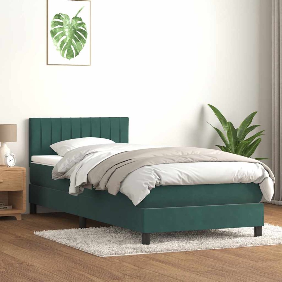Cama box spring con colchón terciopelo verde oscuro 90x220