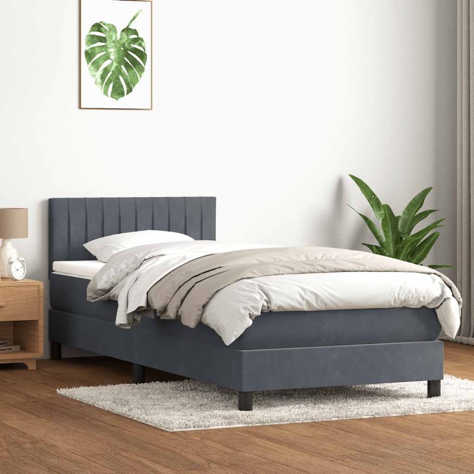 Cama box spring con colchón terciopelo gris oscuro 90x220