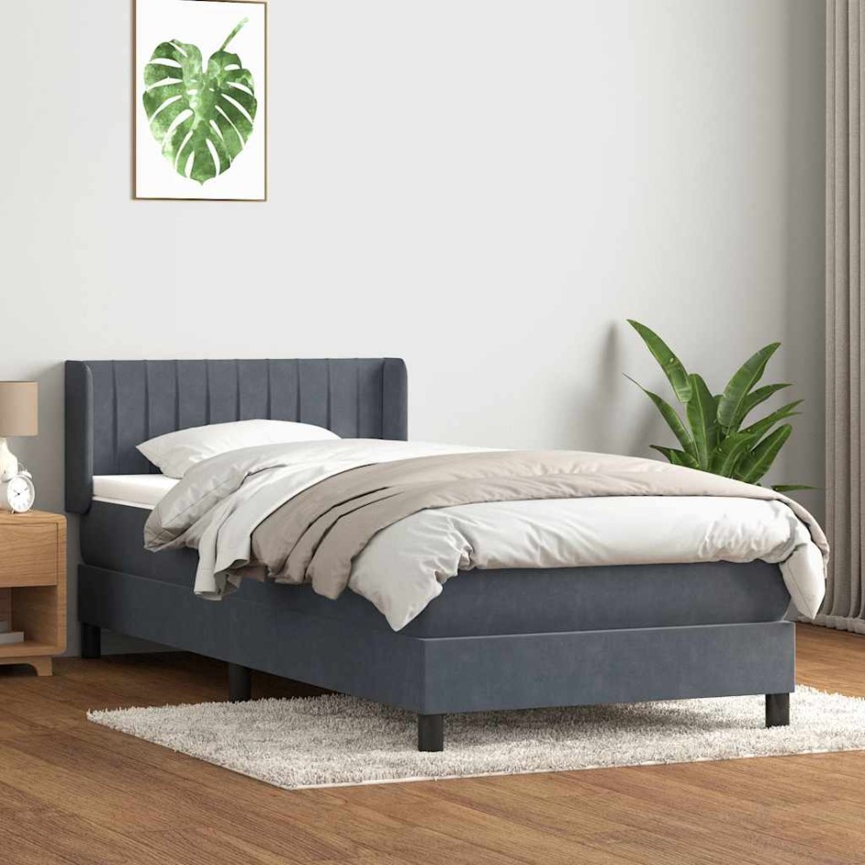 Cama box spring con colchón terciopelo gris oscuro 90x220