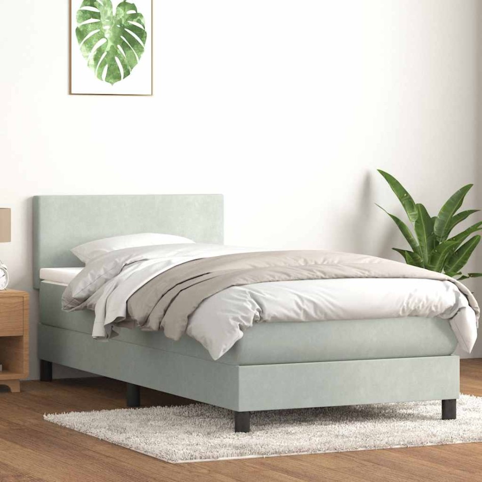 Cama box spring con colchón terciopelo gris claro 90x210