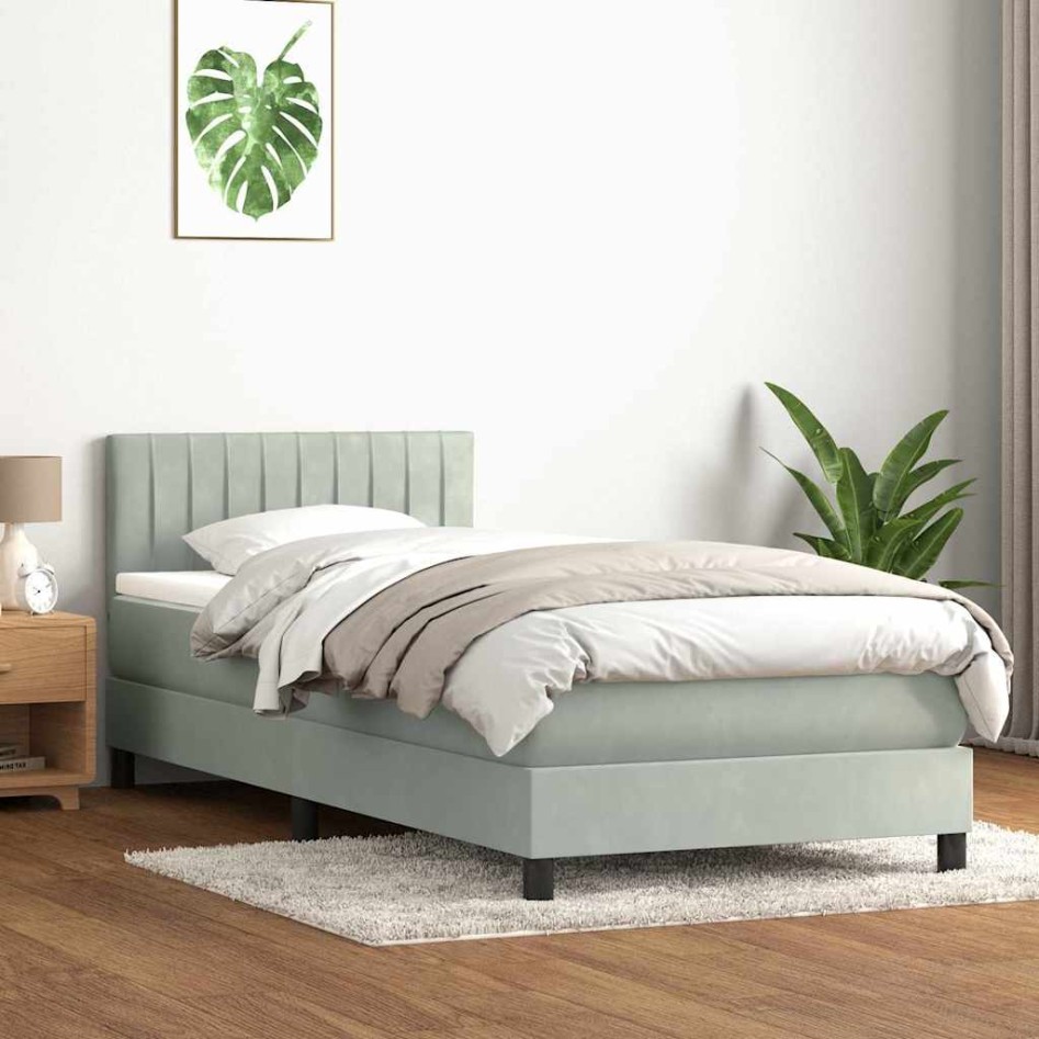 Cama box spring con colchón terciopelo gris claro 90x210