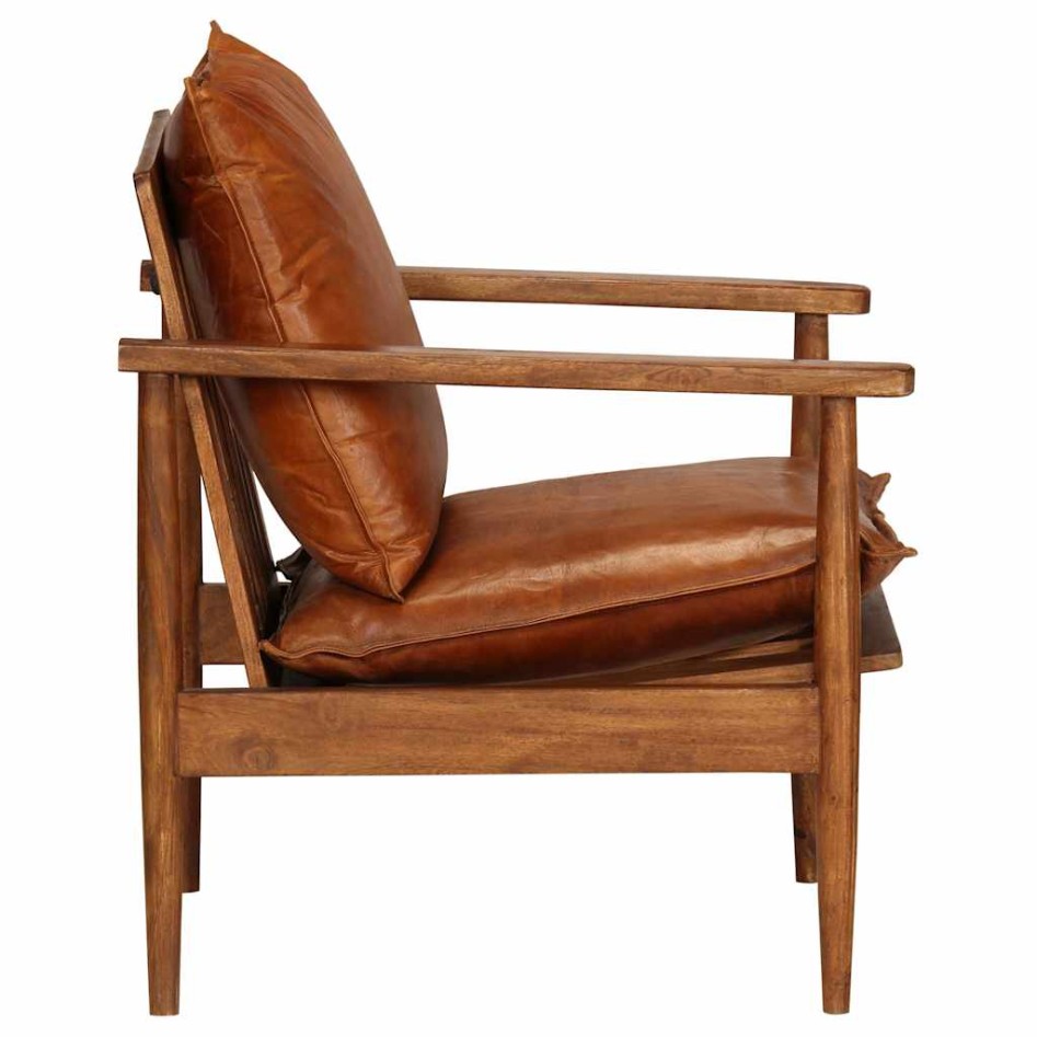 Sillón de cuero auténtico marrón con madera de