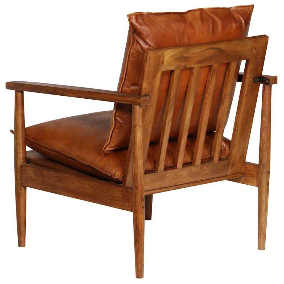 Sillón de cuero auténtico marrón con madera de
