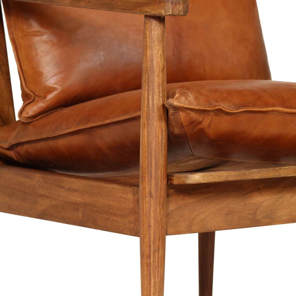 Sillón de cuero auténtico marrón con madera de