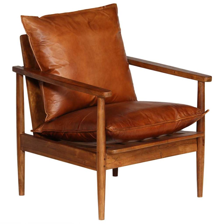 Sillón de cuero auténtico marrón con madera de