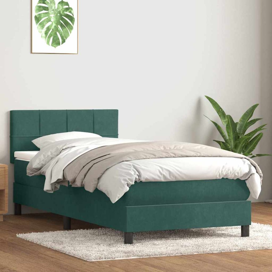 Cama box spring con colchón terciopelo verde oscuro 90x220