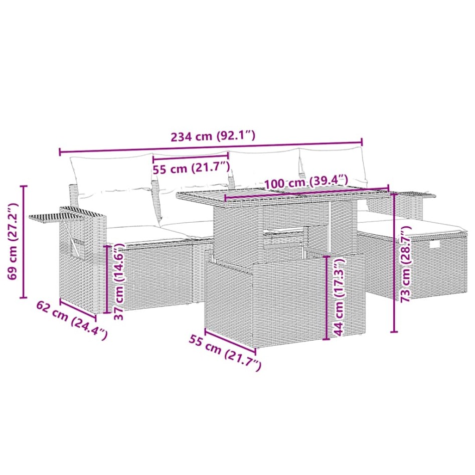 Juego de sofás jardín con cojines 6 pzas ratán sintético