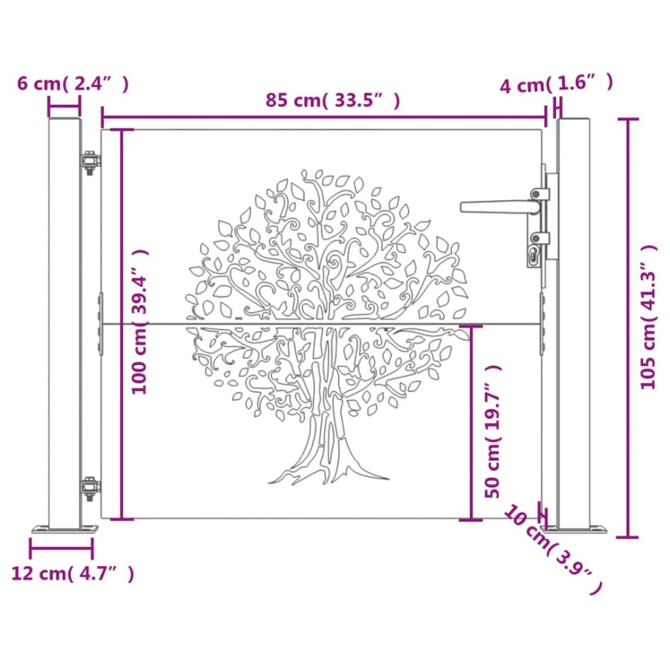 Puerta de jardín acero corten diseño árbol 105x105