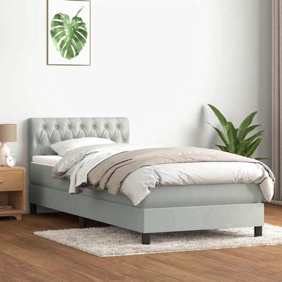 Cama box spring con colchón terciopelo gris claro 80x220