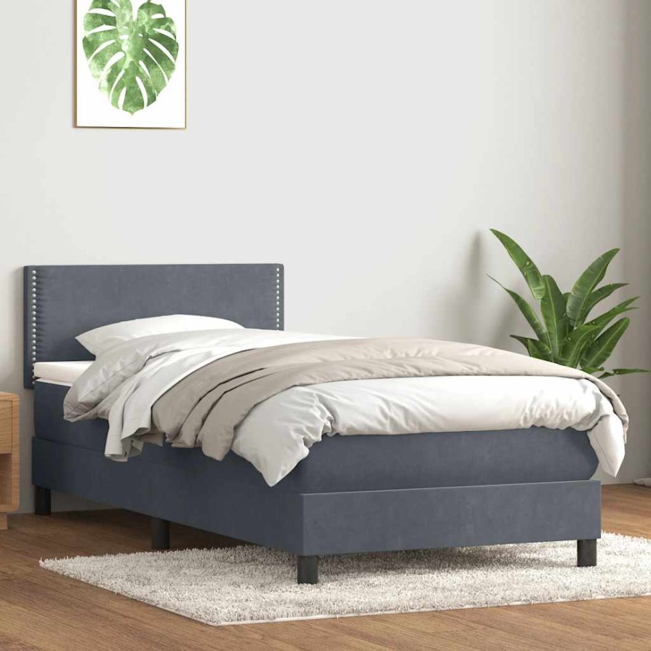 Cama box spring con colchón terciopelo gris oscuro 80x210