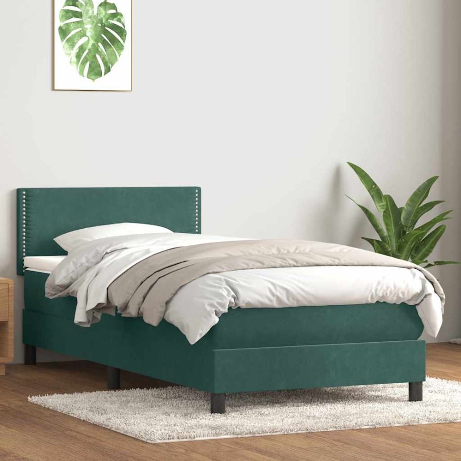 Cama box spring con colchón terciopelo verde oscuro 90x220