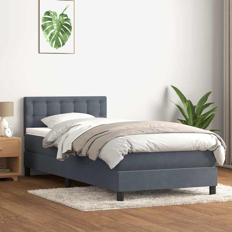 Cama box spring con colchón terciopelo gris oscuro 90x220