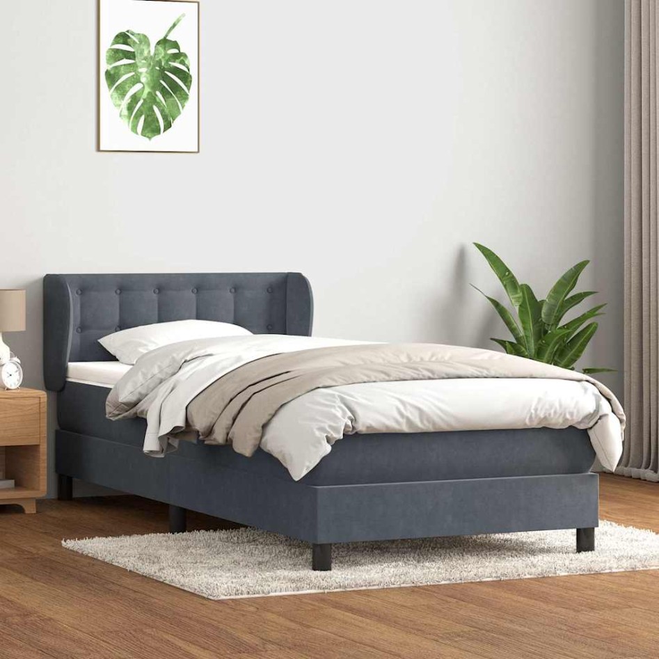 Cama box spring con colchón terciopelo gris oscuro 90x210
