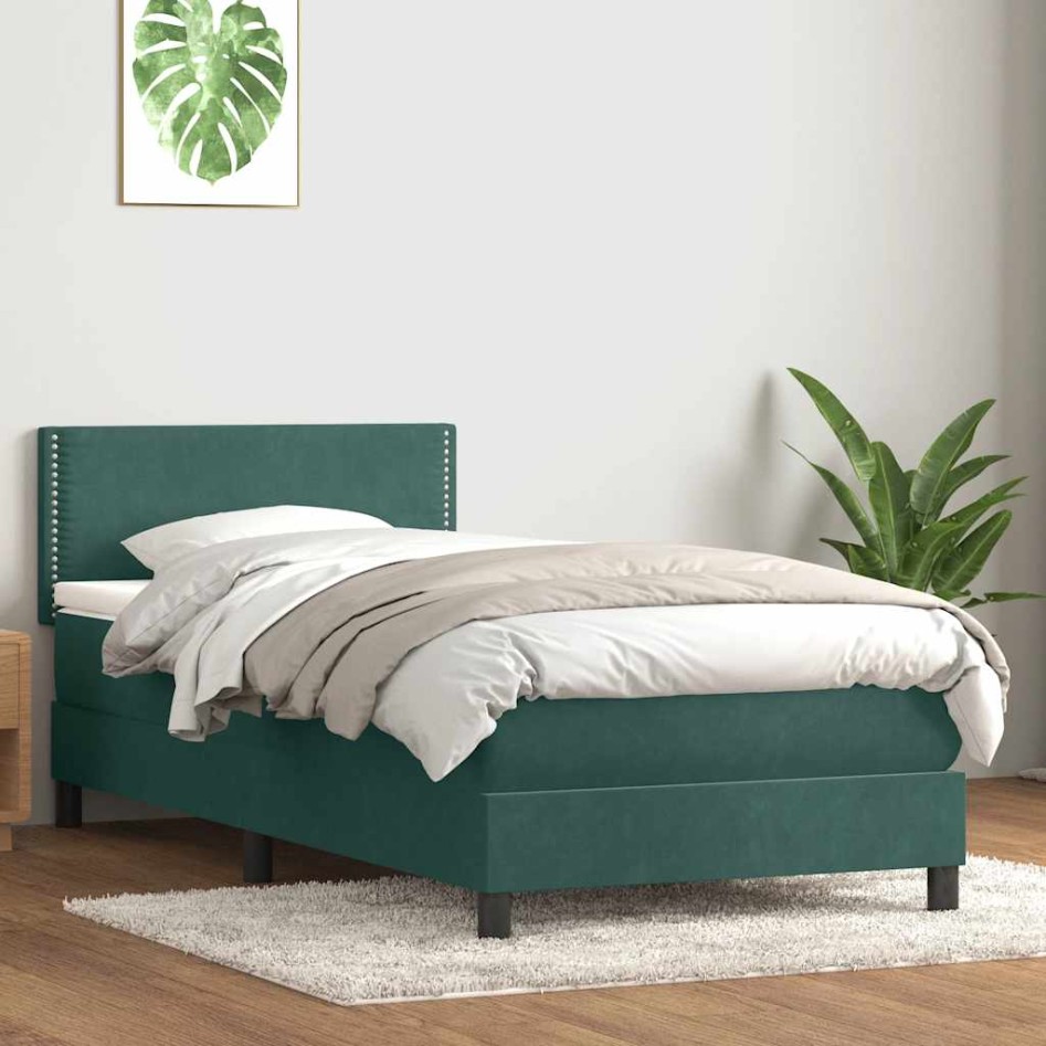 Cama box spring con colchón terciopelo verde oscuro 90x210