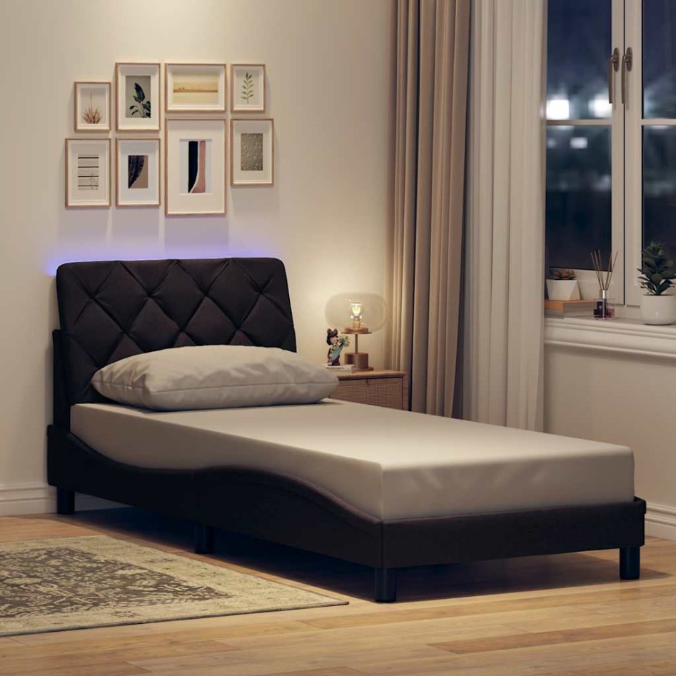 Estructura cama con LED sin colchón tela marrón oscuro