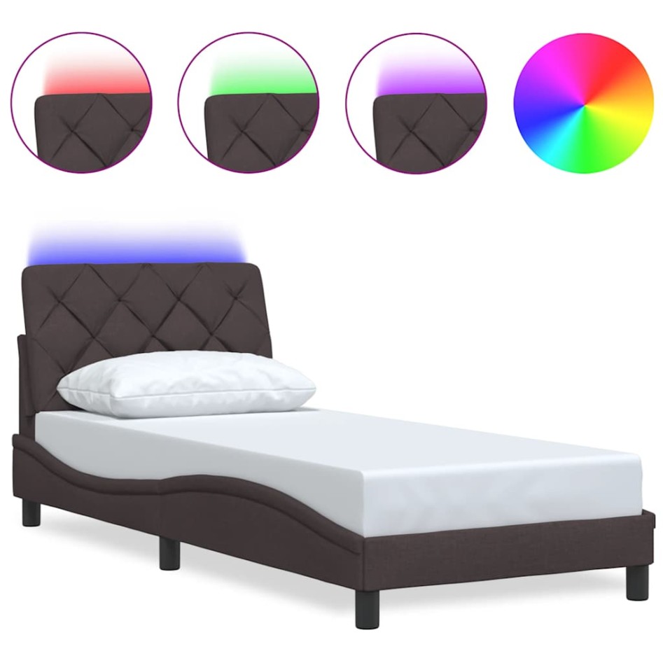 Estructura cama con LED sin colchón tela marrón oscuro