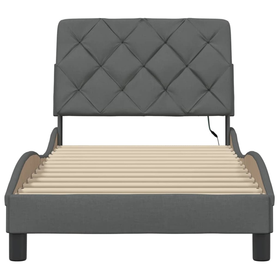Estructura cama con LED sin colchón tela gris oscuro 90x200