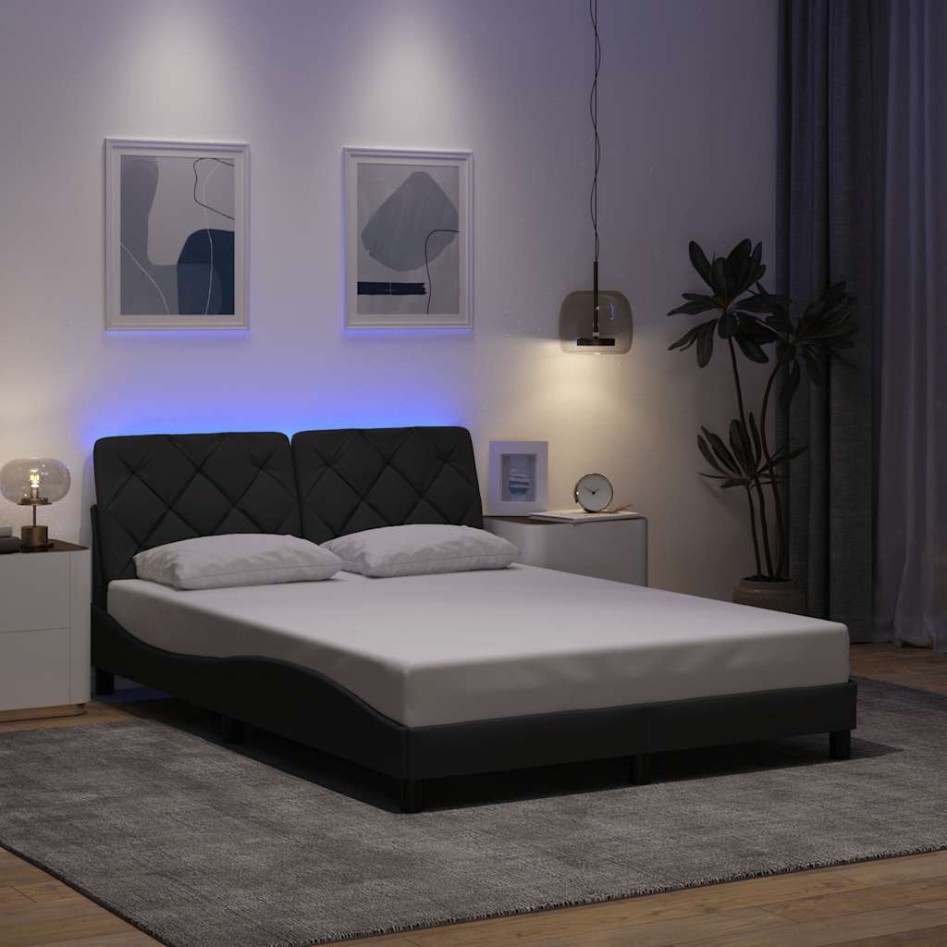 Estructura cama con LED sin colchón tela gris oscuro 140x190