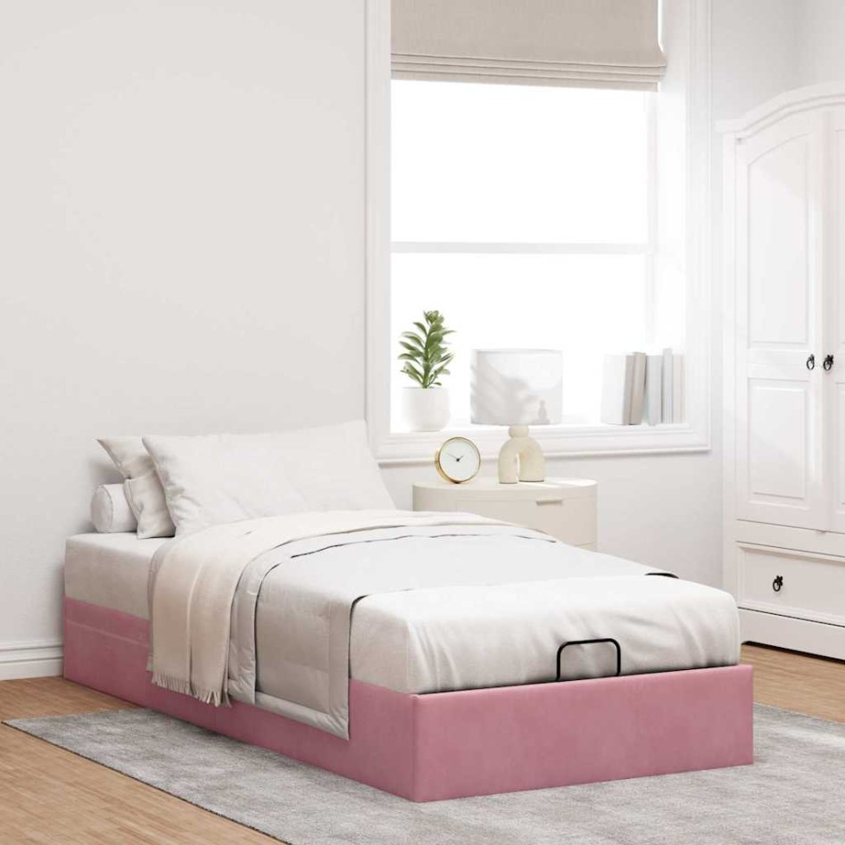 Estructura cama otomana sin colchón terciopelo rosa 90x200