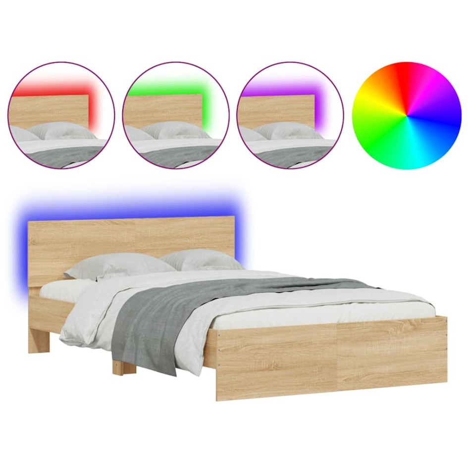 Estructura de cama cabecero y luces LED roble Sonoma 140x190