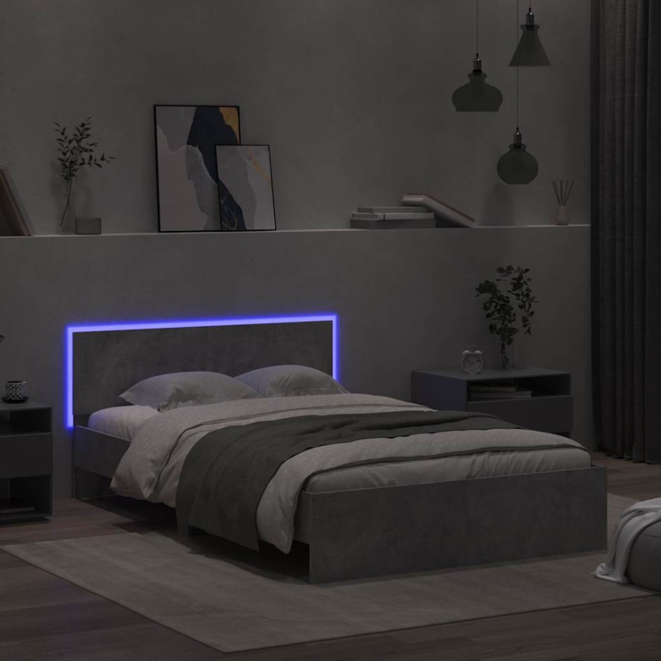 Estructura de cama cabecero y luces LED gris hormigón