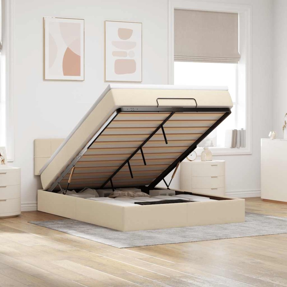 Cama otomana con colchón LED crema 140x190 cm