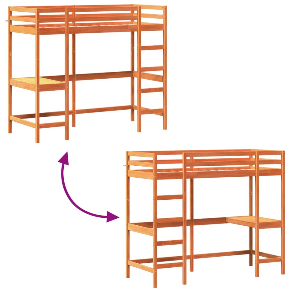 Cama alta con escritorio madera maciza pino marrón 80x200