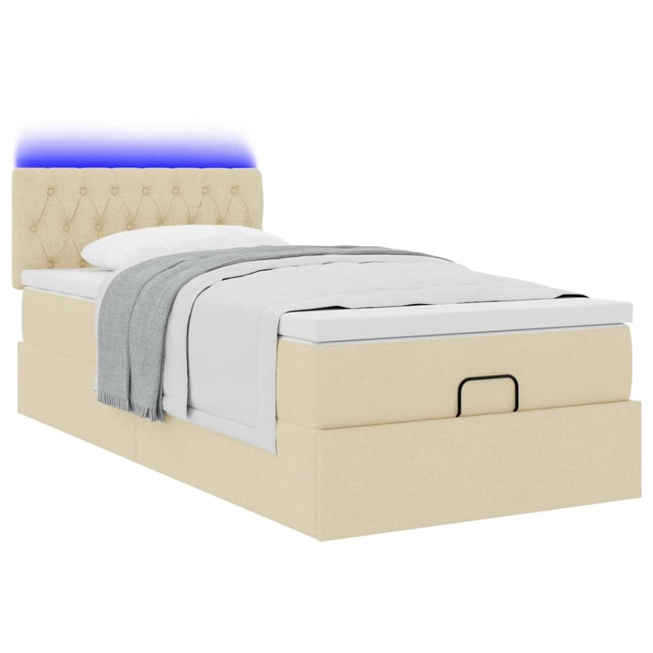 Cama otomana con colchón y luces LED tela crema 90x200