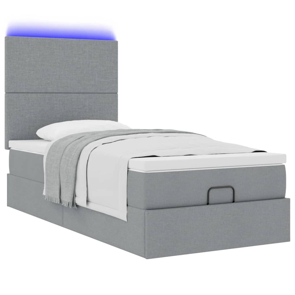 Cama otomana con colchón y LED tela gris claro