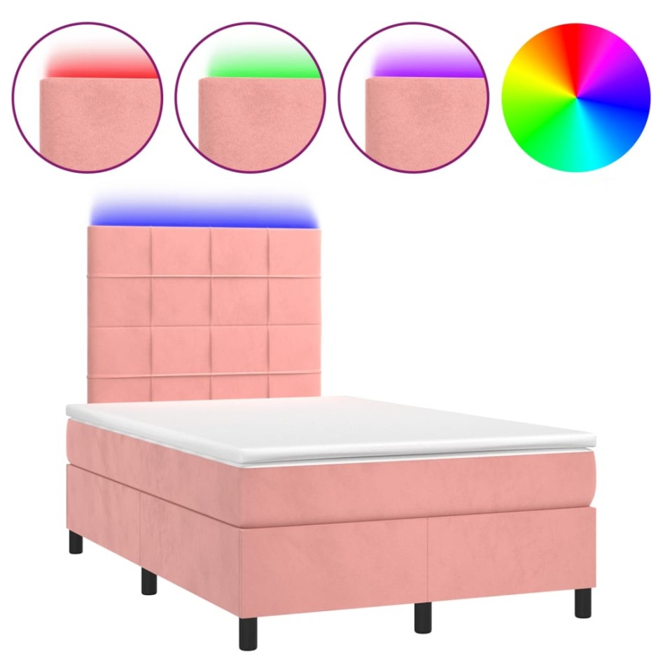 Cama box spring colchón y LED terciopelo rosa 120x200