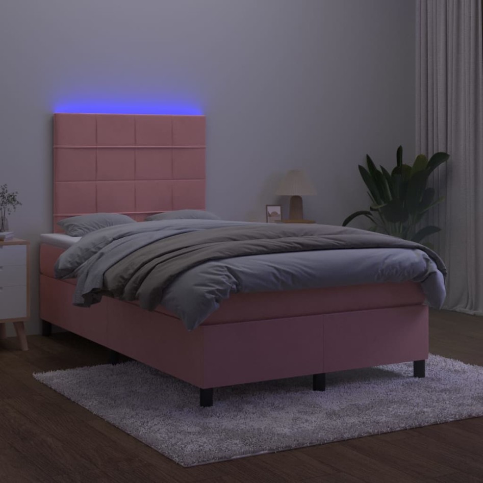 Cama box spring colchón y LED terciopelo rosa 120x200