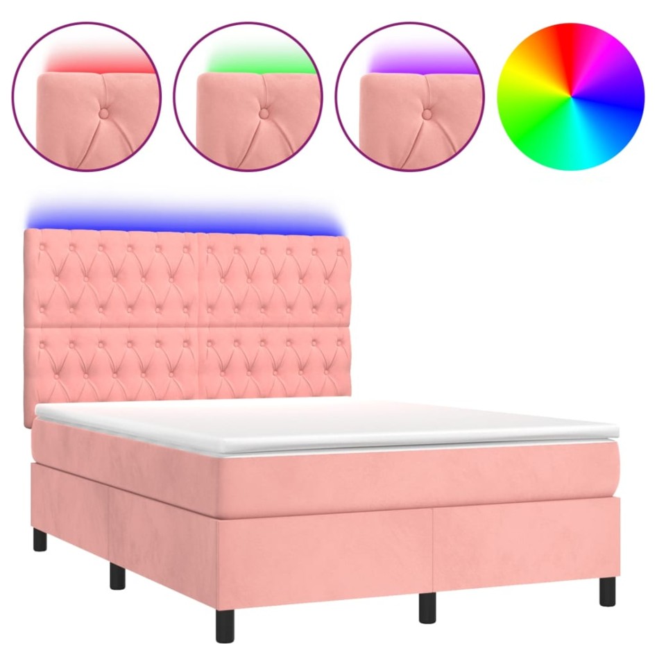 Cama box spring colchón y LED terciopelo rosa 140x200