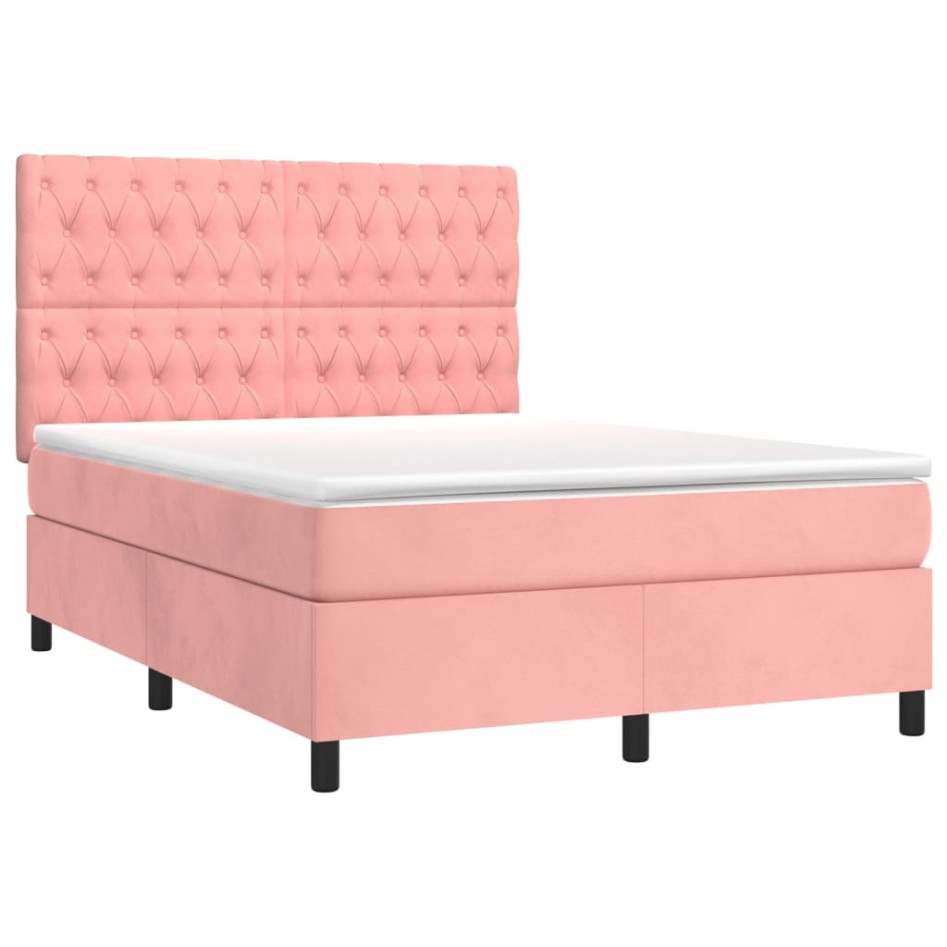 Cama box spring colchón y LED terciopelo rosa 140x200