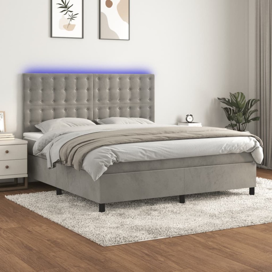 Cama box spring colchón y LED terciopelo gris claro 160x200