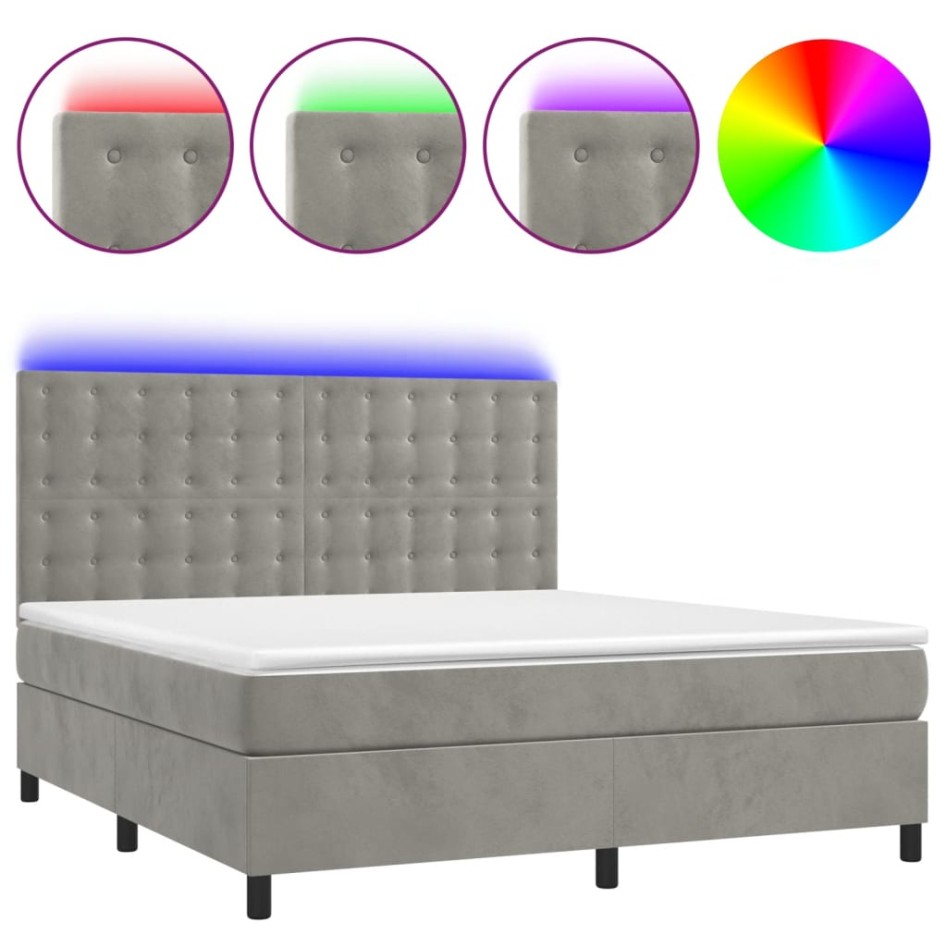 Cama box spring colchón y LED terciopelo gris claro 160x200