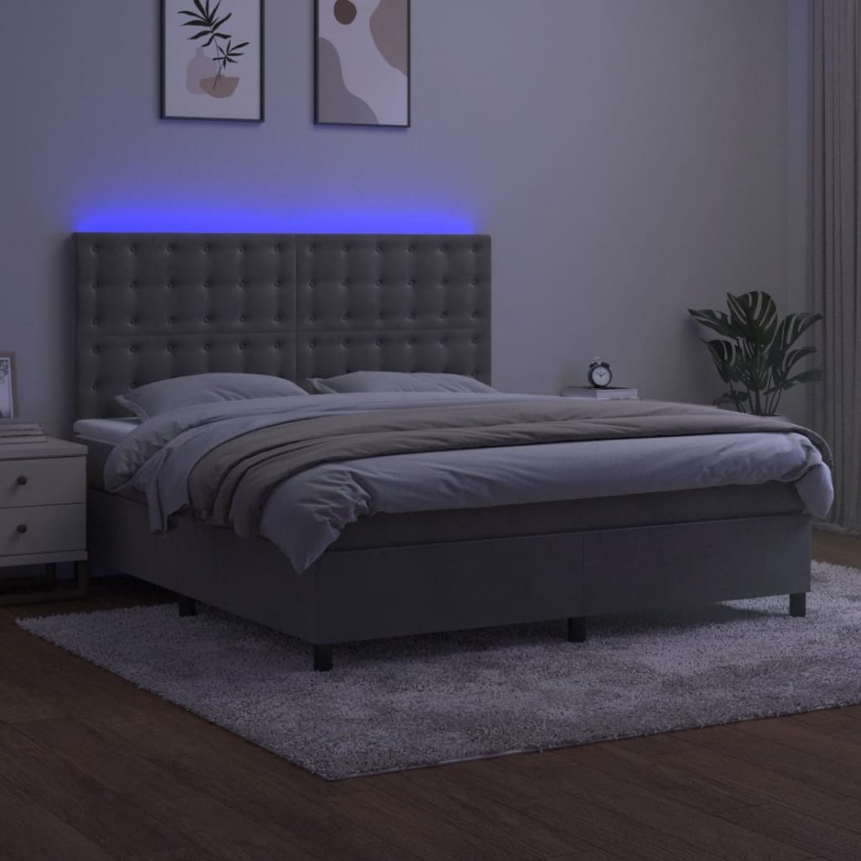 Cama box spring colchón y LED terciopelo gris claro 160x200
