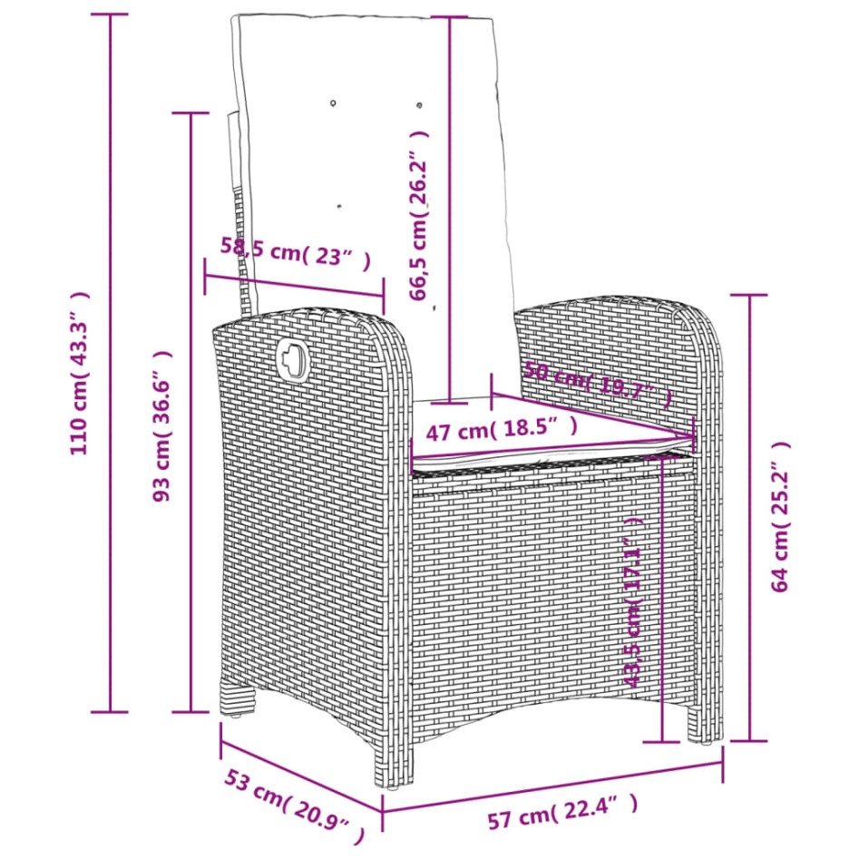 Silla de jardín reclinable con cojines ratán sintético