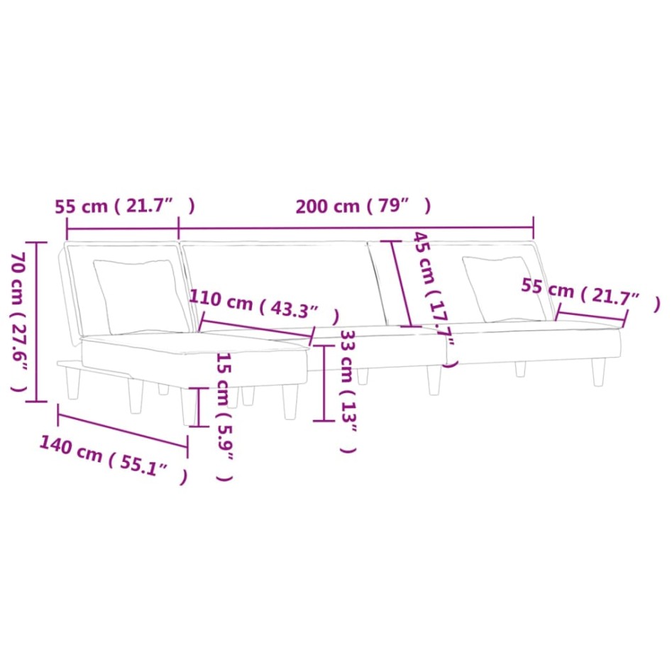 Sofá cama en forma de L tela negro 255x140x70