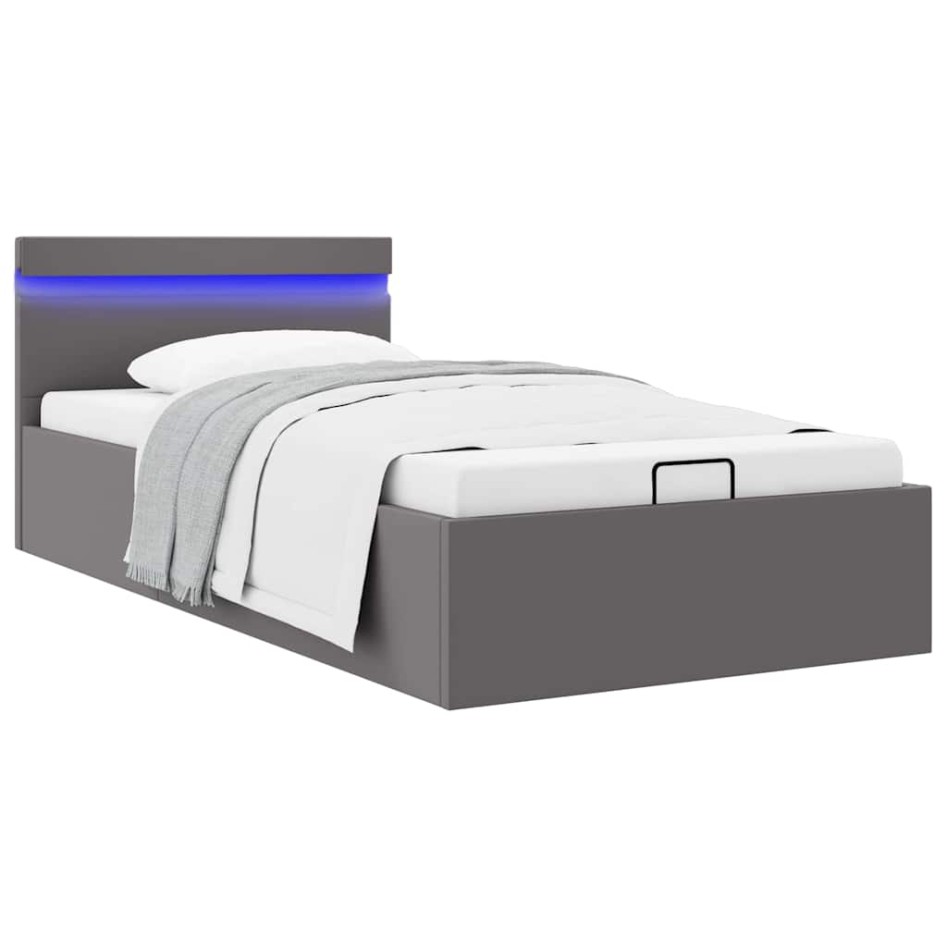 Cama canapé hidráulica con LED cuero sintético gris 100x200