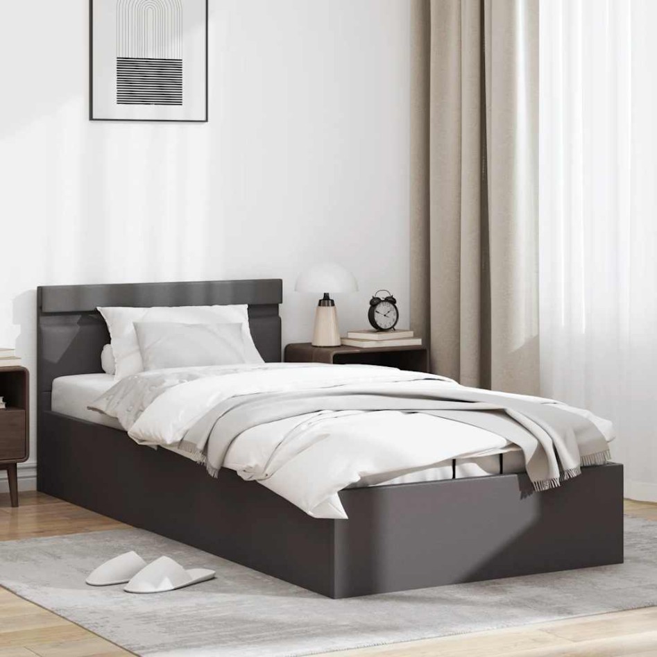 Cama canapé hidráulica con LED cuero sintético gris 100x200