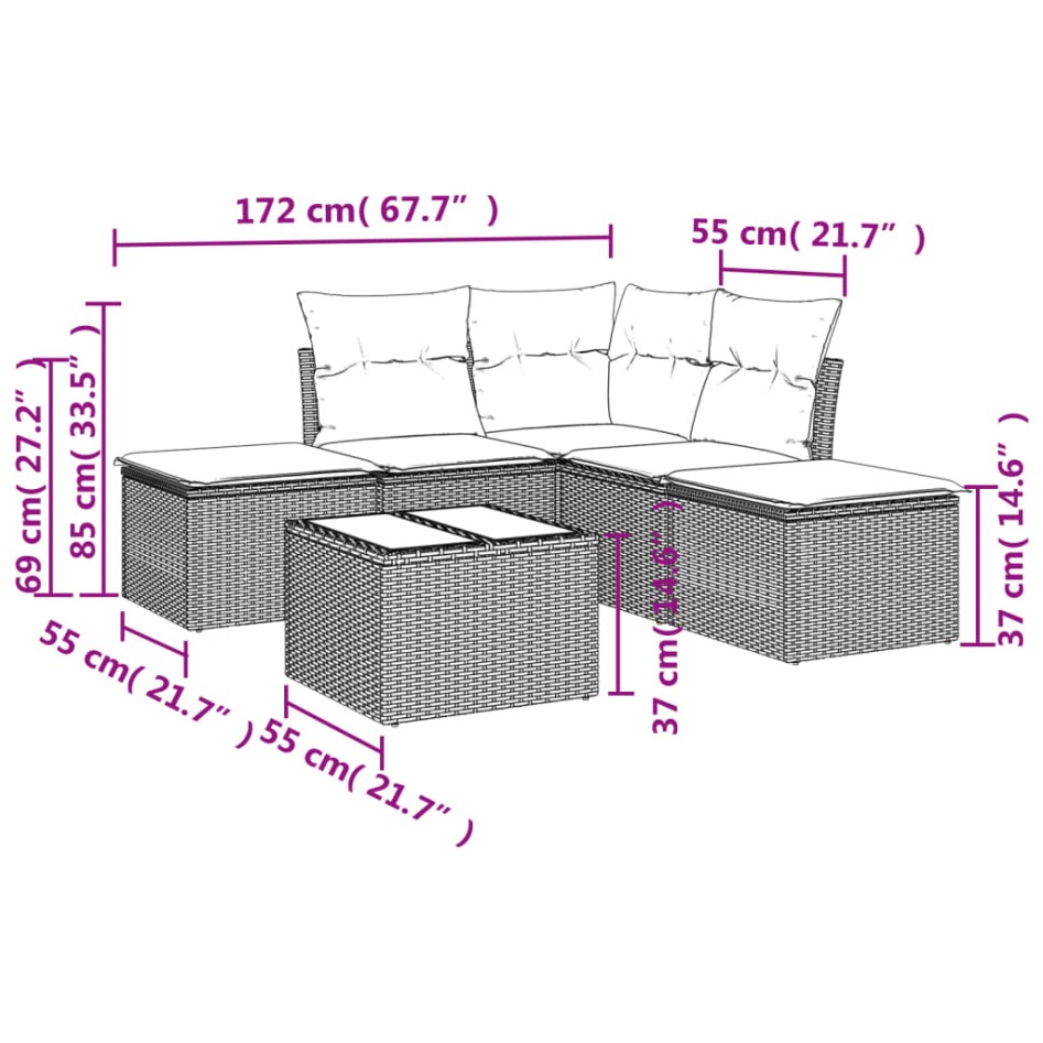 Set de sofás de jardín 6 piezas y cojines ratán sintético