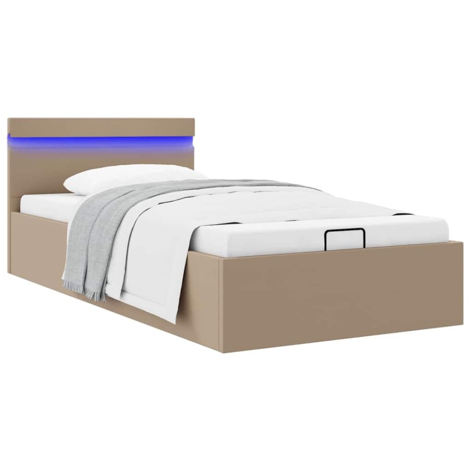 Cama canapé hidráulica LED cuero sintético capuchino 90x200
