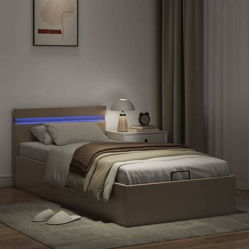 Cama canapé hidráulica LED cuero sintético capuchino 90x200