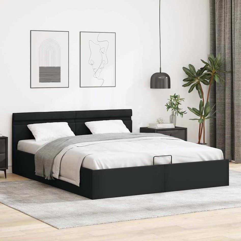 Cama canapé hidráulica con LED cuero sintético negra 180x200