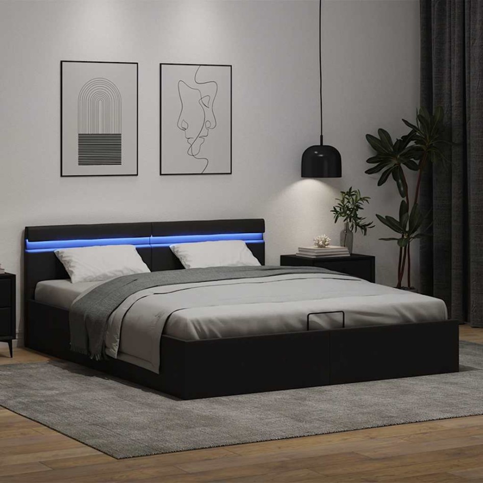 Cama canapé hidráulica con LED cuero sintético negra 180x200