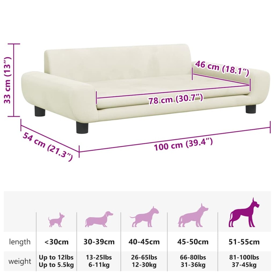 Cama para perros de terciopelo crema 100x54x33